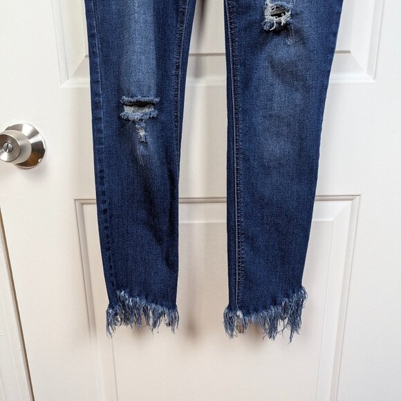 Free People | Blue Distressed Skinny Jeans Frayed Hem Size W27 - Picture 9 of 11